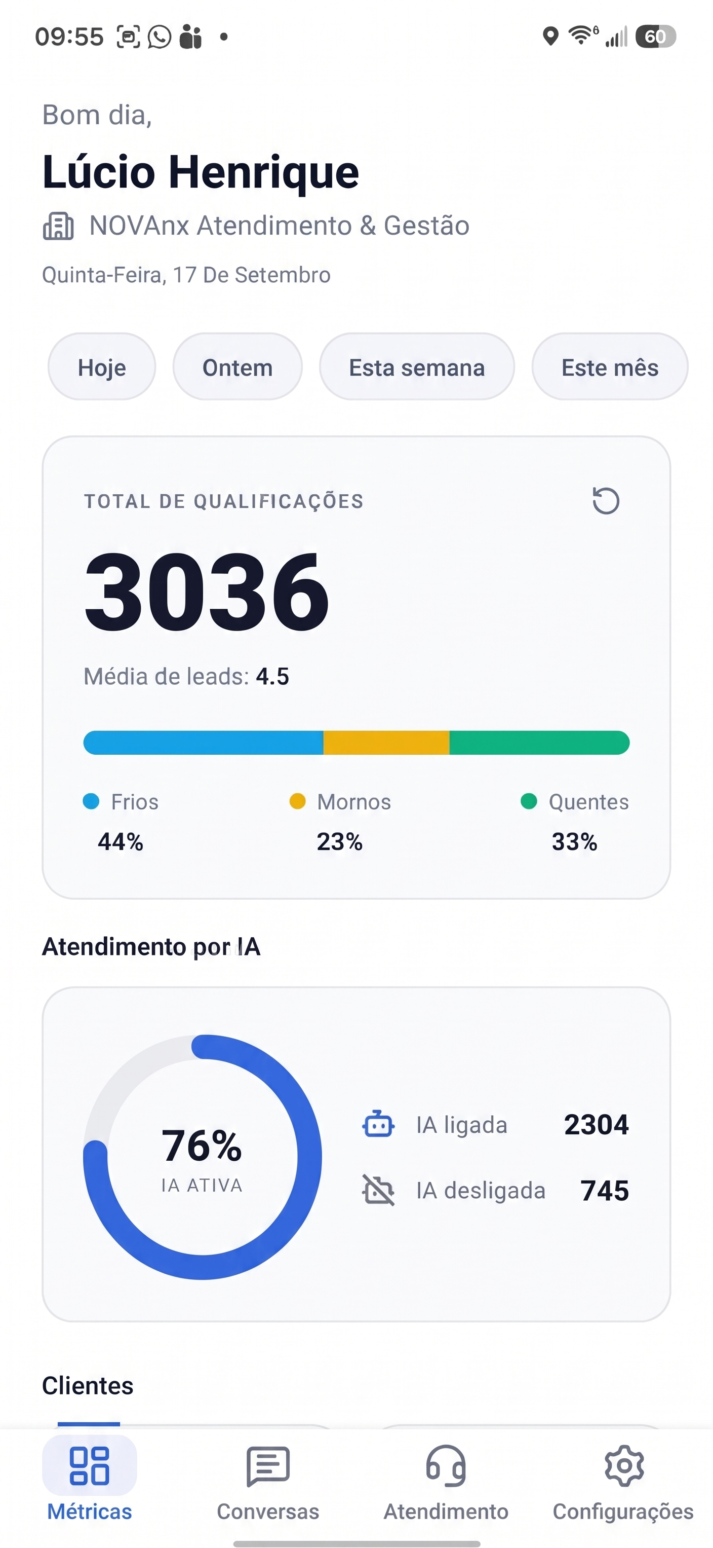Aplicativo NovaNX exibindo métricas e atividade da inteligência artificial